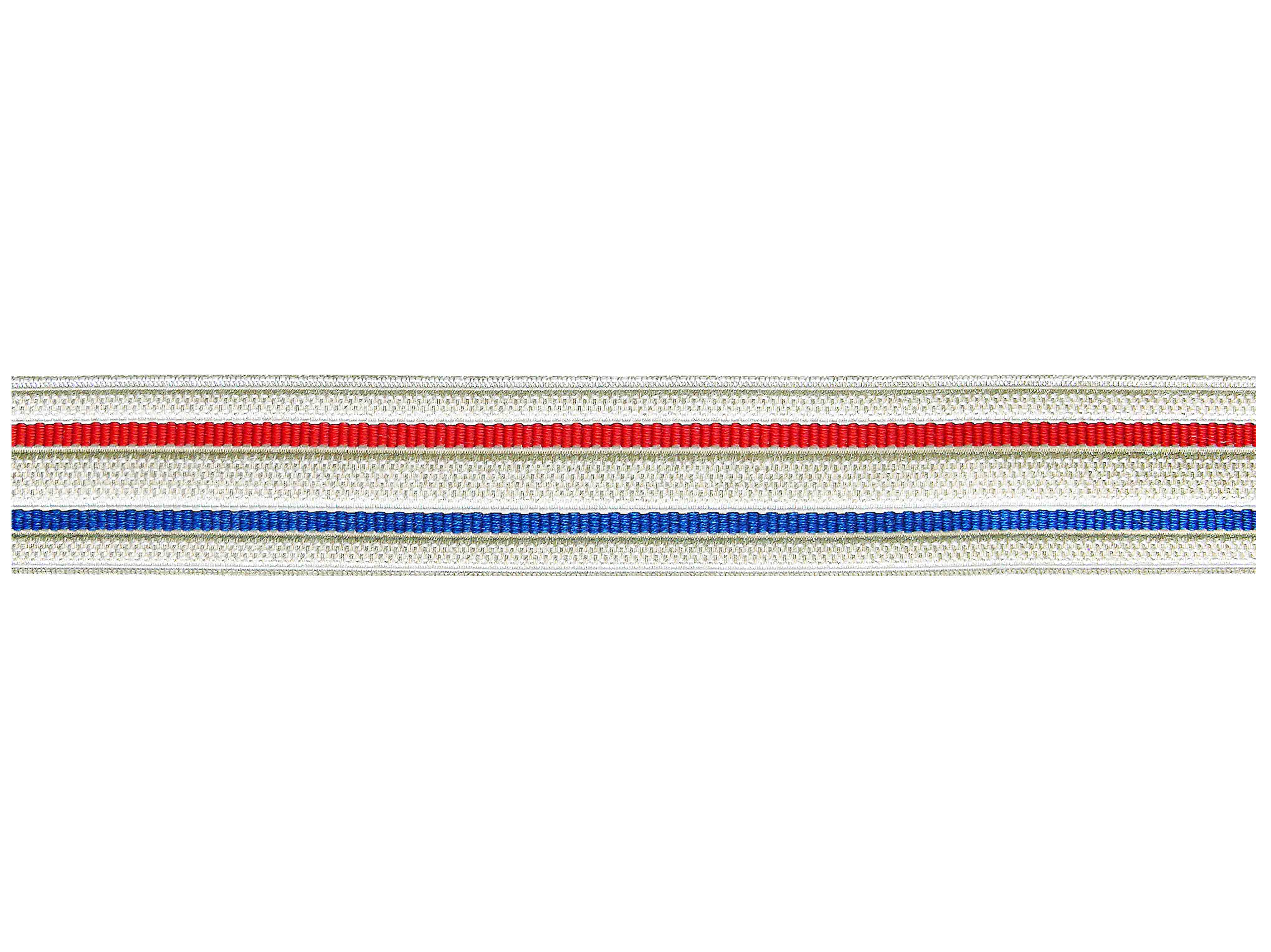 Tresse Silberfolie mit Streifen rot und blau 24 mm Tresse Silberfolie mit Streifen rot und blau 24 mm