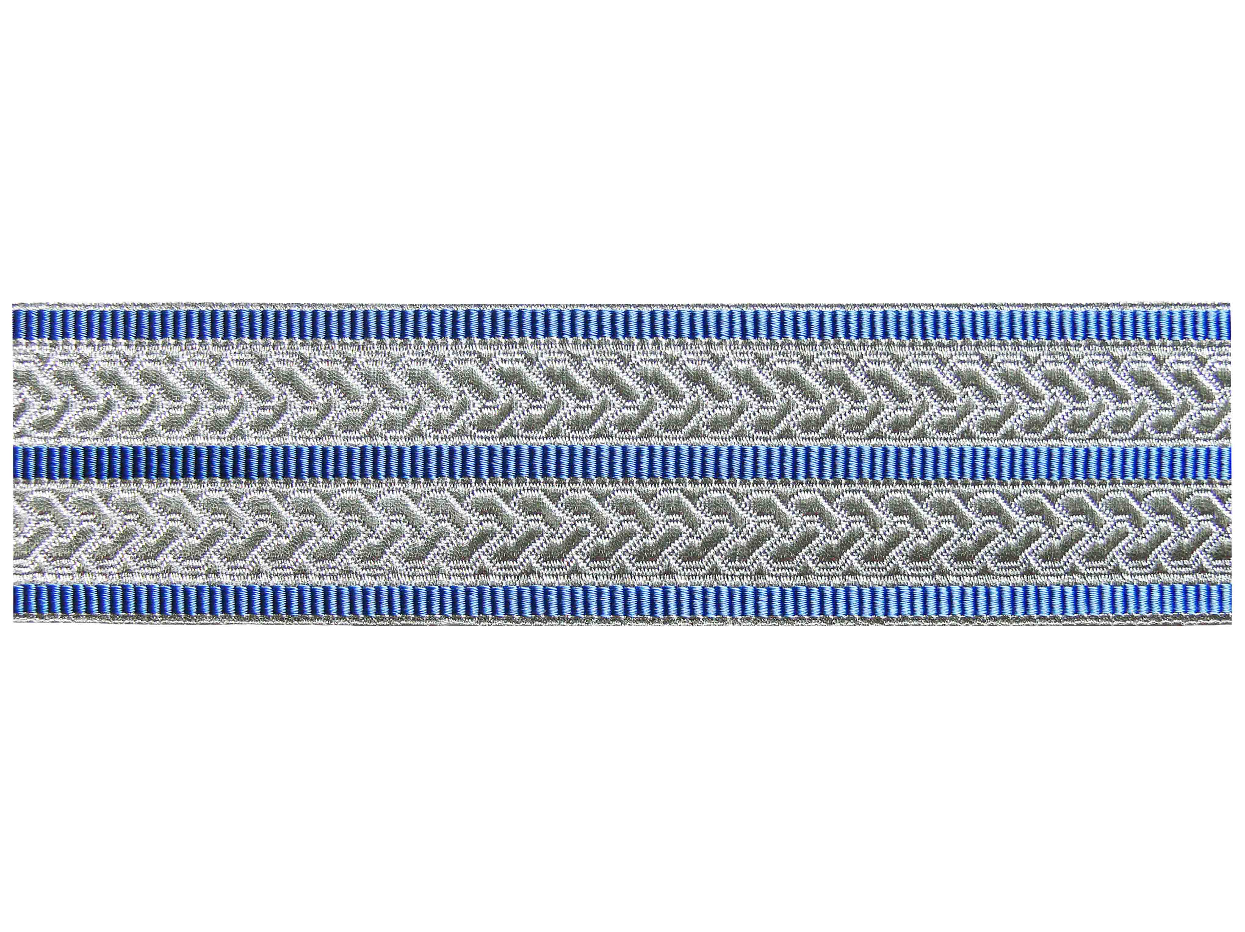 Tressen mit Muster aluminiumfarbig und 3 Streifen blau 45 mm Tressen mit Muster aluminiumfarbig und 3 Streifen blau 45 mm