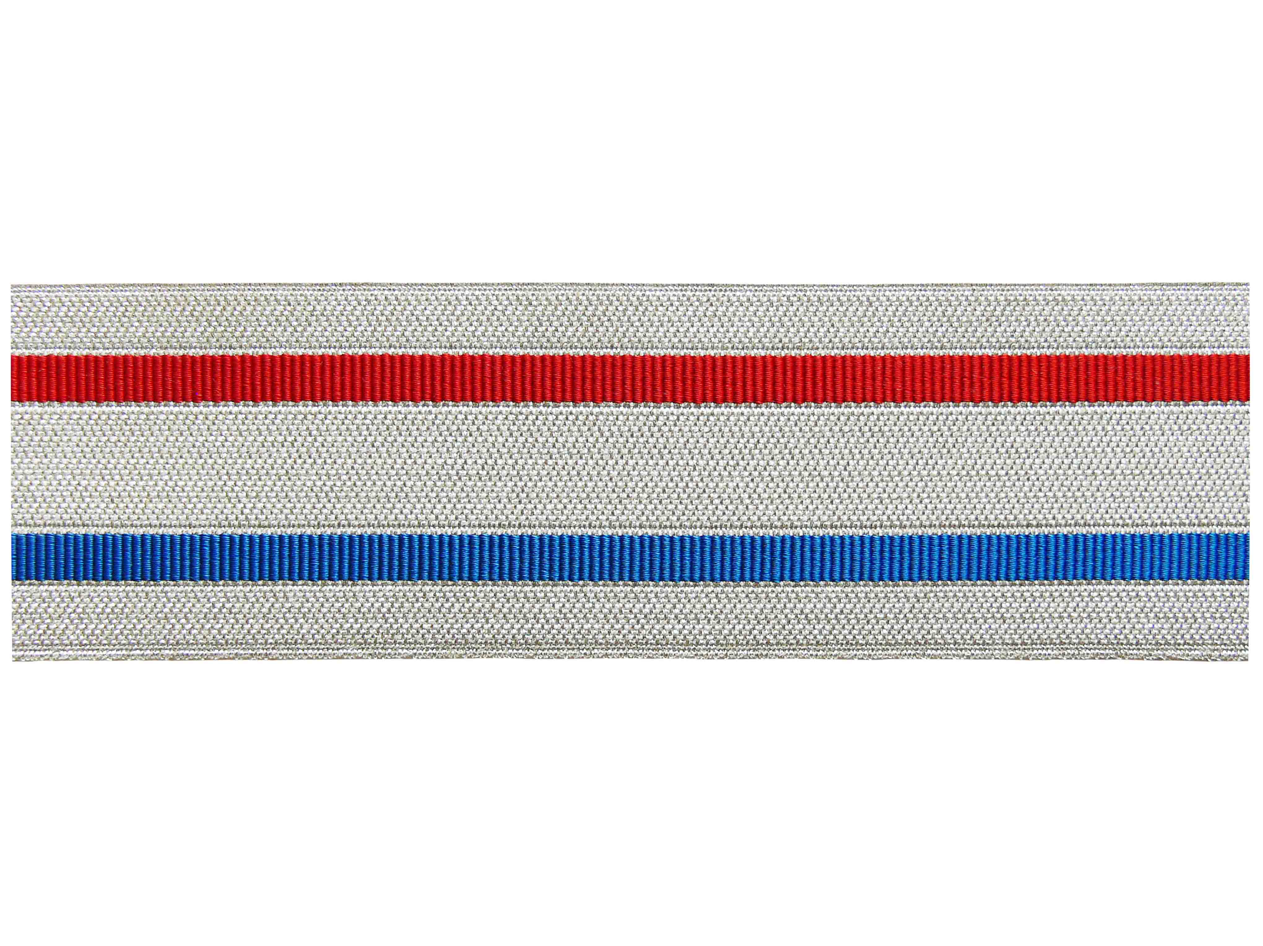 Tresse silberfarbig mit Streifen blau und rot National 48 mm Tresse silberfarbig mit Streifen blau und rot National 48 mm