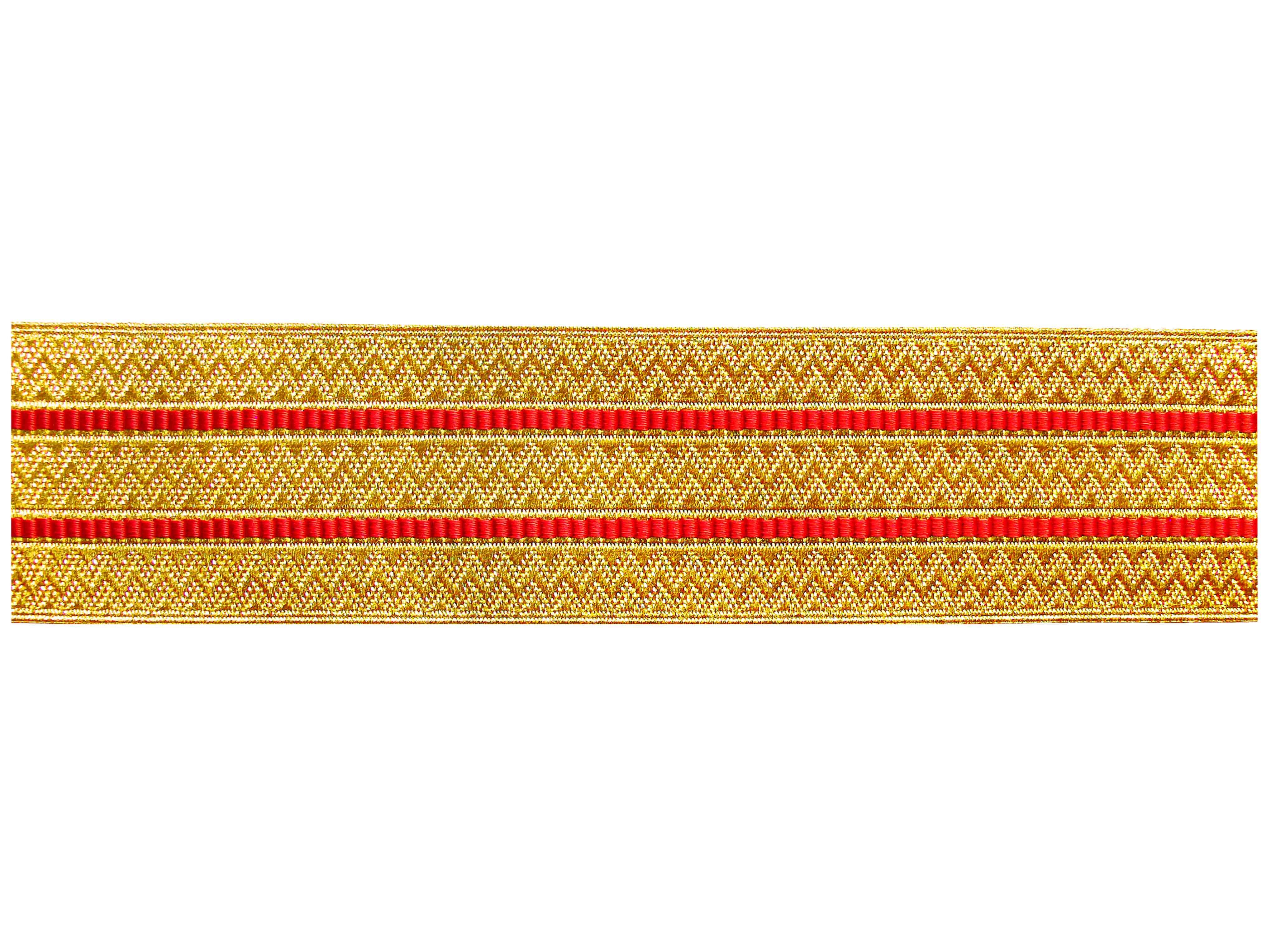 Zackentresse goldfarbig mit 2 Streifen rot 43 mm Zackentresse goldfarbig mit 2 Streifen rot 43 mm